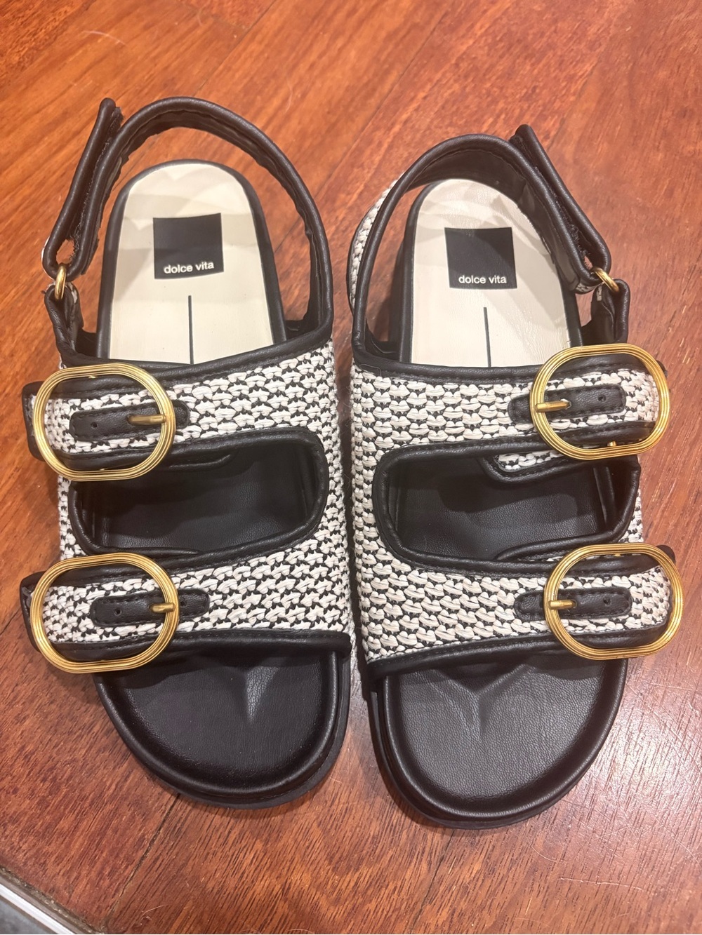 Dolce Vita Black and White Woven Buckle Sandals